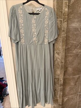 Polagram Sage Green Embroidered Midi Dress